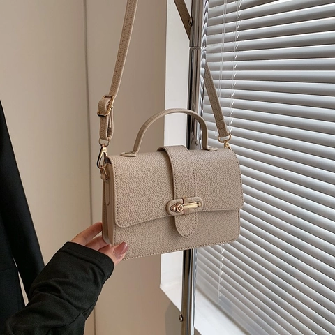 Women Urban Simple PU Leather Crossbody Bag Fashion Lychee Pattern Small Square Bag With Top Handle And Gold Hardware Lock