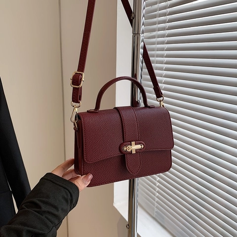 Women Urban Simple PU Leather Crossbody Bag Fashion Lychee Pattern Small Square Bag With Top Handle And Gold Hardware Lock
