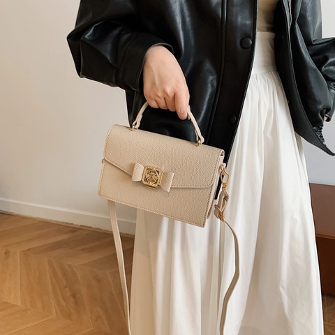 Elegante Damen PU Leder Umhängetasche Vintage Lychee Muster Handtasche Mit Schleifen Dekor Gold Metall Schnalle Schultertasche