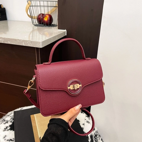 Vintage Lychee Pattern PU Leather Handbag For Women Minimalist Crossbody Bag With Round Golden Lock Fashion Square Bag