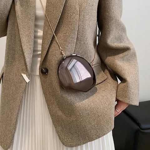 Acrylic Mirror Finish Oval Evening Clutch Bag For Women Electroplated Metallic Banquet Party Chain Shoulder Bag