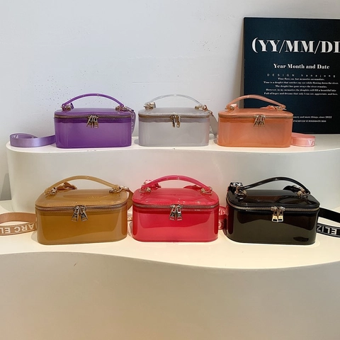Women Transparent Jelly Box Bag Shiny PVC PU Crossbody Handbag With Letter Print Webbing Strap Small Square Purse