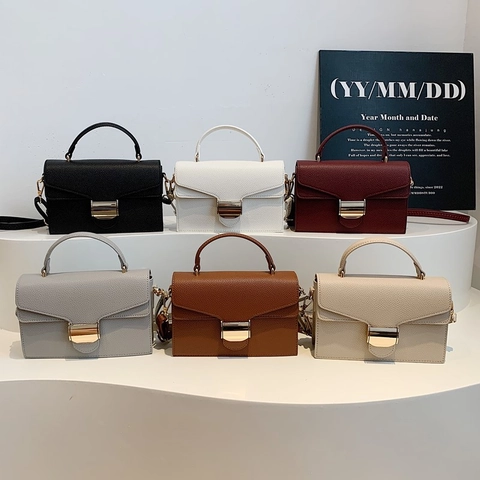 Sac Bandoulière Femme en Cuir PU Motif Lychee Petit Sac Carré à Main avec Verrouillage Doré pour Bureau Quotidien