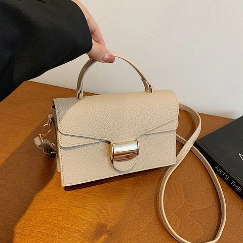 Sac Bandoulière Femme en Cuir PU Motif Lychee Petit Sac Carré à Main avec Verrouillage Doré pour Bureau Quotidien