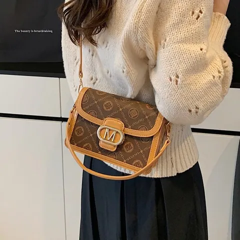 Bolso Bandolera Vintage con Solapa de Cuero PU para Mujer Bolso de Mano de Moda Color de Contraste con Hebilla de Metal M