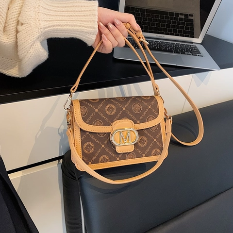 Bolso Bandolera Vintage con Solapa de Cuero PU para Mujer Bolso de Mano de Moda Color de Contraste con Hebilla de Metal M