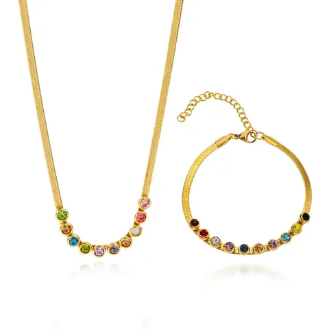Vintage Gold Plated 316L Stainless Steel Herringbone Chain Jewelry With Multicolor Round Zirconia For Women Party Necklaces Bracelets