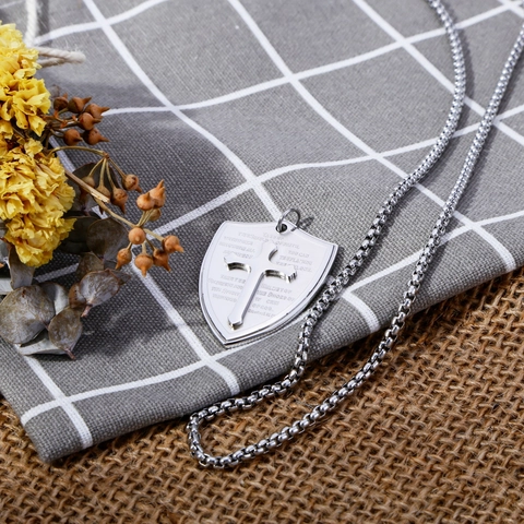 Vintage 316L Roestvrijstalen Schild Kruis Hanger Ketting Met Bijbeltekst Efeziërs Religieuze Punk Sieraden Voor Dames Heren