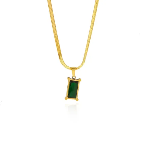 Gold Plated 316 Stainless Steel Green Zirconia Pendant Necklace Emerald Style Rectangle Stone Snake Chain Women Jewelry