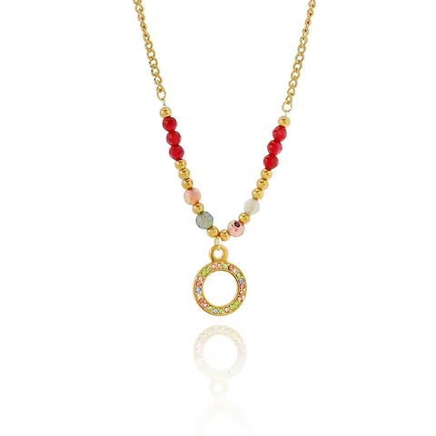 Collar Bohemio de Acero Inoxidable con Cuentas de Colores Colgante Circular Incrustado con Circonia de Color Oro Cadena en O