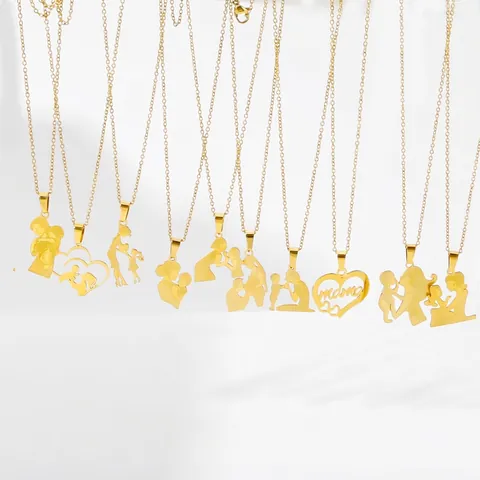 Mother's Day Stainless Steel Pendant Necklace Gold Silver Mama Letter Heart Mother Child Silhouette Elegant Gift For Women