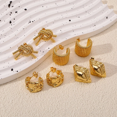 Vintage Geometric Copper Stud Earrings For Women Gold Plated Textured Rope Twist Design Fashion Jewelry Accessorries