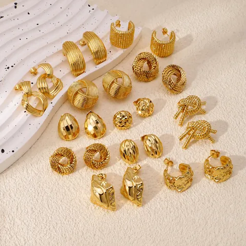 Vintage Geometric Copper Stud Earrings For Women Gold Plated Textured Rope Twist Design Fashion Jewelry Accessorries