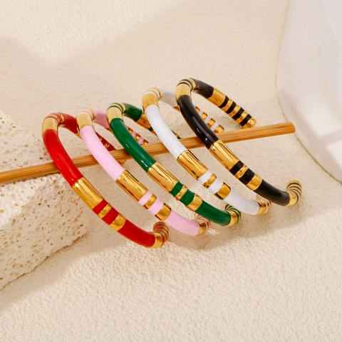 Retro 316 Stainless Steel Bamboo Joint Enamel Open Cuff Bracelet Colorful Drip Oil Striped Bangle Women Fashion Jewelry