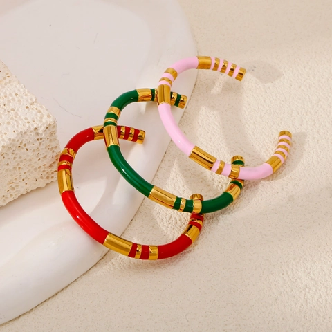 Retro 316 Stainless Steel Bamboo Joint Enamel Open Cuff Bracelet Colorful Drip Oil Striped Bangle Women Fashion Jewelry