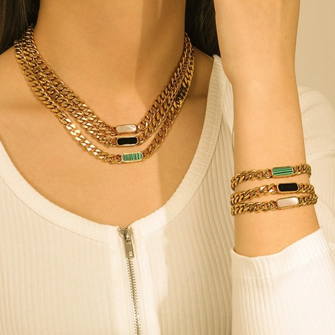 316 Stainless Steel Cuban Link Necklace Bracelet Jewelry Set For Women Men 18K Gold Plated Geometric Inlay Commuter Accessory