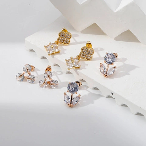 Mode Kupfer Strass Geometrische Böser Blick Vierblättriges Kleeblatt Ohrstecker Für Damen Elegante Vergoldete Schmuck
