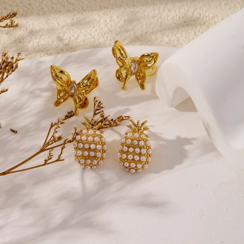 Elegante Kupfer Schmetterling Schleife Ananas Ohrstecker Gold Strass Künstliche Perle Emaille Ohrringe Für Damen Schmuck Geschenk