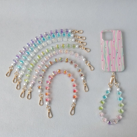 Catena per Telefono in Perline di Acrilico Iridescente Tracolla per Borsa Colorata Con Decorazione di Perle Artificiali Chiusura in Metallo