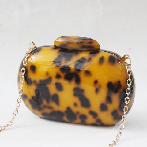 Damen Leopardenmuster Acryl Clutch Tasche Schildpatt Abendhandtasche Rund Hartschale Party Geldbörse Mit Goldener Kette