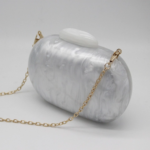Damen Elegant Weiß Marmormuster Acryl Clutch Oval Hartschale Abendtasche Mit Goldkette Für Hochzeit Bankett