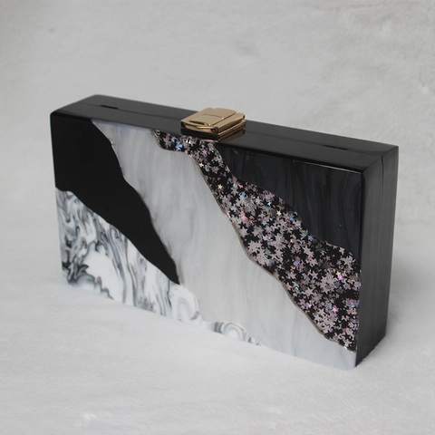 Pochette da Sera in Acrilico da Donna Motivo Marmo Patchwork Stelle con Paillettes Borsa a Mano Rigida Elegante per Feste Matrimoni