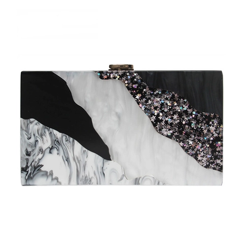 Pochette da Sera in Acrilico da Donna Motivo Marmo Patchwork Stelle con Paillettes Borsa a Mano Rigida Elegante per Feste Matrimoni