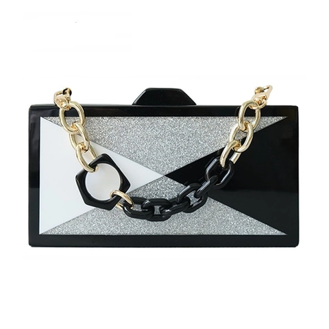 Damen Acryl Abendtasche Clutch Geometrisches Patchwork Schwarz Weiß Glitzer Hartschale Hochzeit Party Bankett Handtasche Crossbody Box Tasche