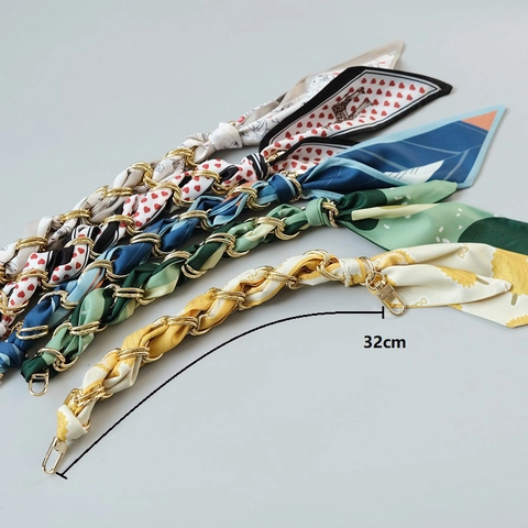 Fashion Scarf Weave Metal Chain Bag Strap Printed Polyester Handbag Handle Replacement Handle Strap Accessories For Women