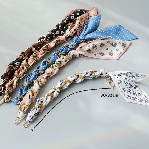 Correa de Bolso de Cadena de Metal con Pañuelo de Seda Tejida a Mano para Bolsos de Mujer Asa de Repuesto de Lujo Patrón Floral