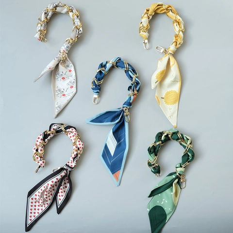 Fashion Scarf Weave Metal Chain Bag Strap Printed Polyester Handbag Handle Replacement Handle Strap Accessories For Women