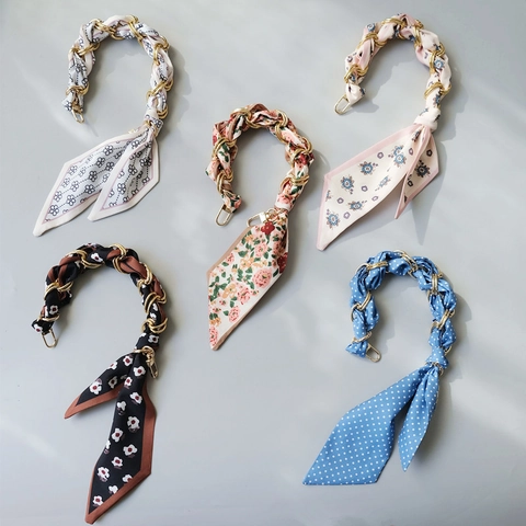Correa de Bolso de Cadena de Metal con Pañuelo de Seda Tejida a Mano para Bolsos de Mujer Asa de Repuesto de Lujo Patrón Floral