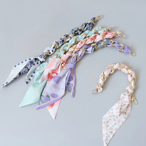 Elegant Satin Scarf Wrapped Metal Chain Bag Handle Replacement Strap Women Floral Pattern Purse Charm Handbag Accessories