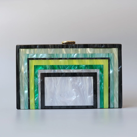 Women Acrylic Box Clutch Evening Bag Geometric Marble Texture Green Splicing Hard Shell Handbag With Gold Metal Chain Link