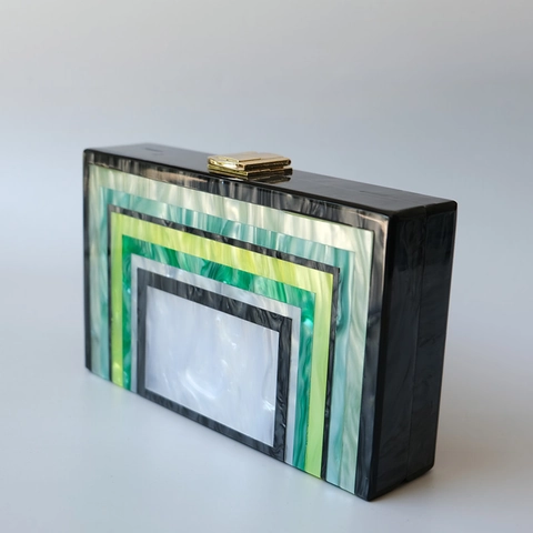 Women Acrylic Box Clutch Evening Bag Geometric Marble Texture Green Splicing Hard Shell Handbag With Gold Metal Chain Link