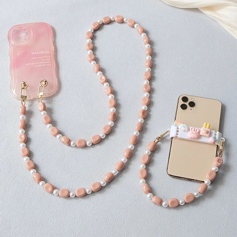 Cordon de Téléphone Perlé en Résine Acrylique pour Femmes Couleurs Sucrées Perle Artificielle Sangle Étui Téléphone Accessoire