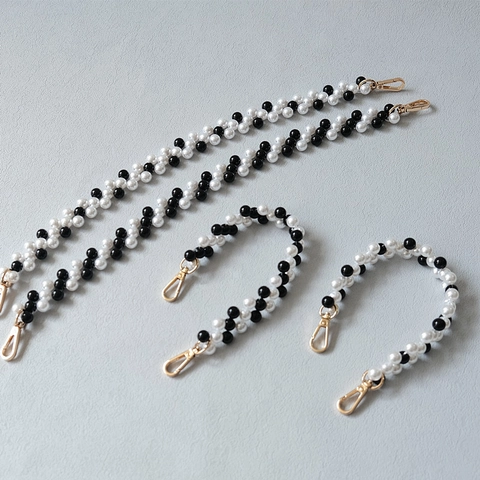 Woven Black And White Artificial Pearl Bag Strap Fashion Replacement Shoulder Chain For Women Bags With Golden Metal Clasp