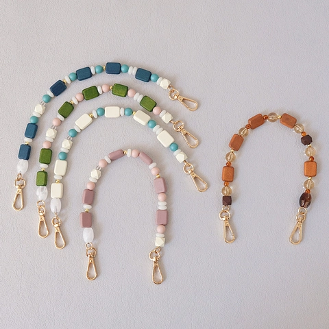 Handmade Colorful Wood Resin Bead Bag Strap Retro Acrylic Phone Chain For Women Handbag Decoration Accessory Lobster Clasp