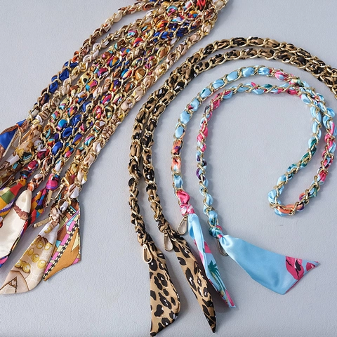 Leopard Print Silk Scarf Metal Chain Bag Strap Elegant Women Handbag Shoulder Replacement Strap Crossbody Purse Decoration Accessories