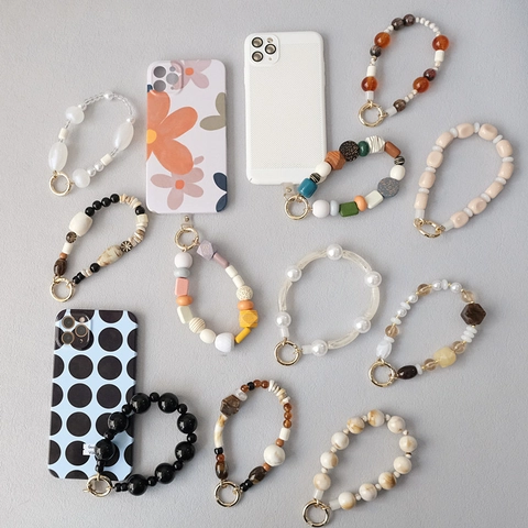 Cordón de Teléfono de Cuentas de Resina Acrílica con Hebilla de Anillo de Metal Correa de Muñeca Boho para Mujer