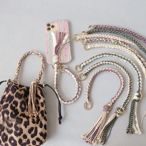 Correa de Bolso de Algodón Trenzado Hecha a Mano Accesorio de Borla de Color en Contraste Anillo de Metal Dorado Bolso Boho Mujer