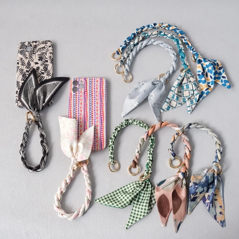 Fashion Braided Silk Scarf Bag Strap Elegant Floral Geometric Handbag Handle Accessory Metal Ring Buckle Phone Chain For Women