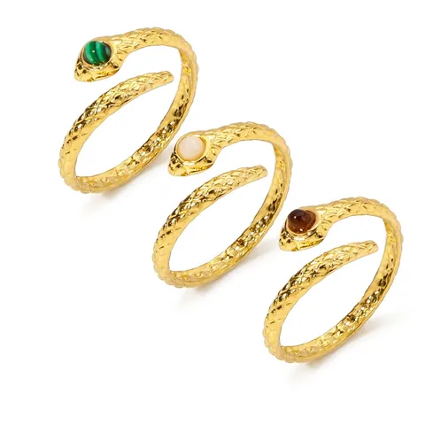 Bague Ouverte Serpent en Acier Inoxydable pour Femme Vintage Plaqué Or Pierre Malachite Vert Blanc Brun Bijoux Cadeau