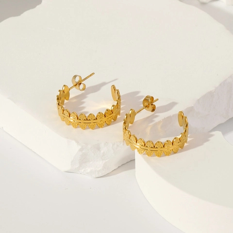 French Elegant 316L Stainless Steel C-Hoop Earrings For Women Textured Leaf Geometric Gold Plated Fashion Jewelry Earrings