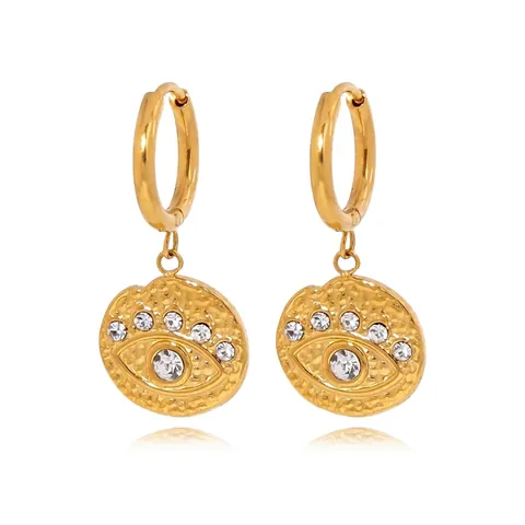 316L Roestvrij Staal Boze Oog Hangende Oorbellen Voor Dames Vergulde Gehamerde Ronde Zirkonia Oorsieraden
