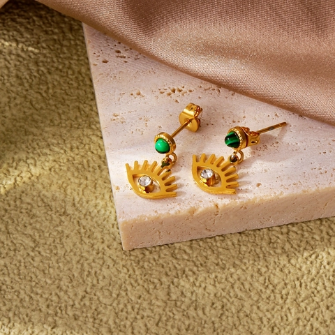 Vintage Franse Boze Oog Hangende Oorbellen 316L Roestvrij Staal 18K Verguld Zirkoon Kunststeen Oorbellen Voor Vrouwen Sieraden