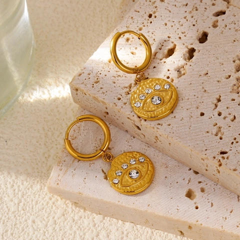 316L Roestvrij Staal Boze Oog Hangende Oorbellen Voor Dames Vergulde Gehamerde Ronde Zirkonia Oorsieraden