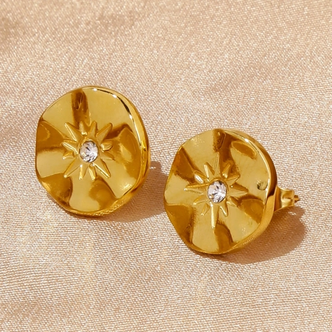 Vintage 18K Vergoldet Edelstahl Sternenstrahl Ohrstecker Für Damen Gehämmerte Runde Spiegeltextur Strass Eingelegter Schmuck