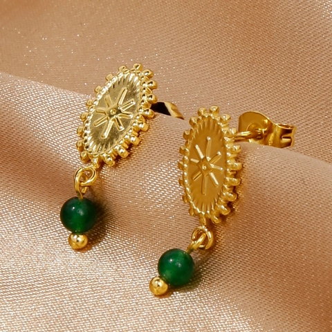 Pendientes Vintage de Acero Inoxidable Chapado en Oro de 18K con Piedra Preciosa Verde Esmeralda Pendientes de Gota Retro con Circonia y Mal de Ojo para Mujer