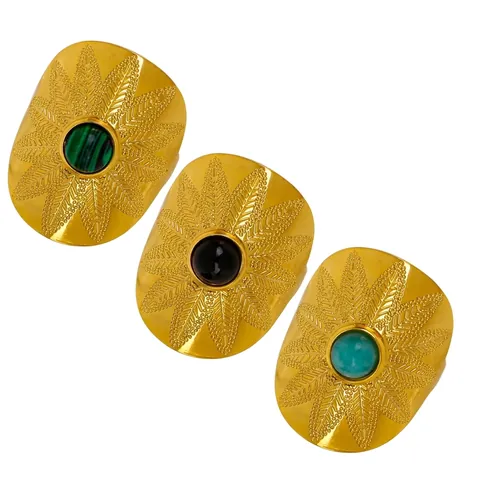 Edelstahl Boho Geschnitzt Breitband Offener Ring Für Damen Vintage Blattmuster Künstlicher Türkis Malachit Onyx Eingelegt Verstellbarer Fingerring Schmuck Geschenk